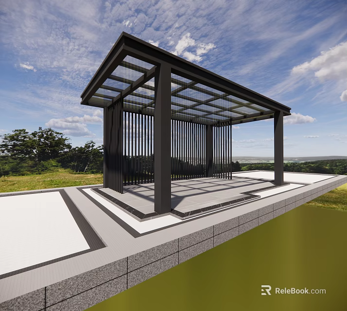 Modern Garden Pavilion with Black Frame Glass Roof in Grassland and Scenic View 3d model 