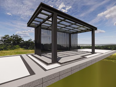 Modern Garden Pavilion with Black Frame Glass Roof in Grassland and Scenic View 3d model