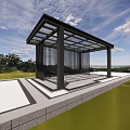 Modern Garden Pavilion with Black Frame Glass Roof in Grassland and Scenic View