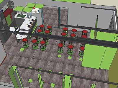 Modern Cafe Interior With Red High Stools Seating Green Accents And Wooden Floor 3d model