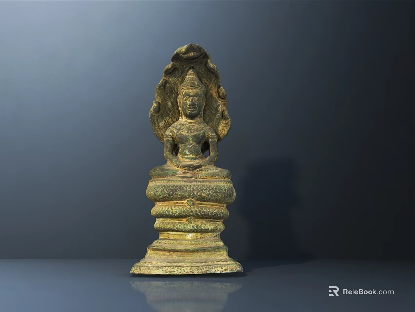 Intricate Bronze Buddha Sculpture With Detailed Carvings And Lotus Base 3d model 