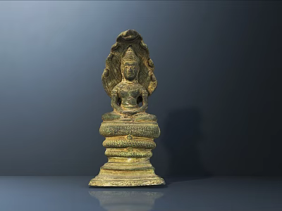 Intricate Bronze Buddha Sculpture With Detailed Carvings And Lotus Base 3d model