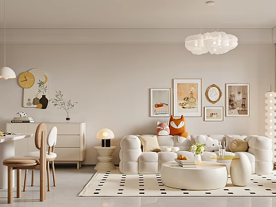Light Toned Living Dining Room Interior With White Sofa Round Coffee Table And Decorative Paintings 3d model