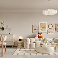 Light Toned Living Dining Room Interior With White Sofa Round Coffee Table And Decorative Paintings