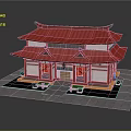 Cartoon Scenery Featuring Traditional Chinese Architecture With Red Curved Roof Front Steps And Green Plants