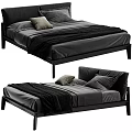 Modern Black Frame Double Bed With Gray Bedding Pillows And Blanket 3d model