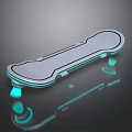Sleek Skateboard With Silver Body Blue Edge Lines And Reflective Wheels