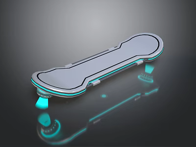 Sleek Skateboard With Silver Body Blue Edge Lines And Reflective Wheels 3d model