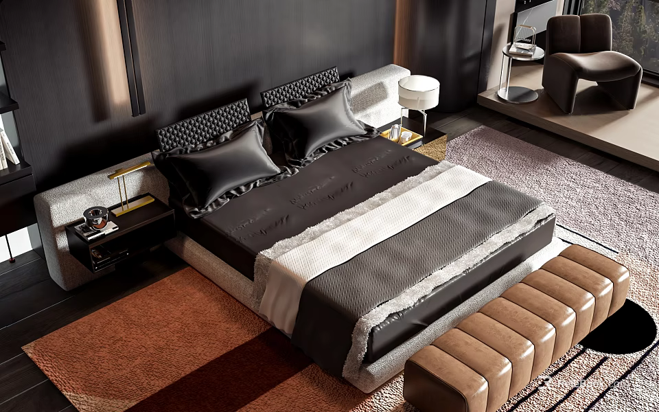 Modern Double Bed Interior Design With Black Headboard Gray Bedding White Blanket And Brown Bench 3d model 