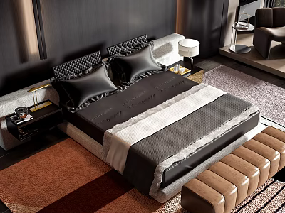 Modern Double Bed Interior Design With Black Headboard Gray Bedding White Blanket And Brown Bench 3d model