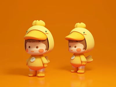 Two Cute Dolls Wearing Yellow Duck Costumes on Orange Background 3d model