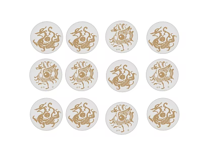 Circular Decorative Ornament Set With Golden Dragon Patterns On White Background 3d model