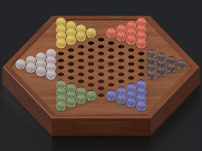 Hexagonal Wooden Board Game with Colored Glass Marbles for Family Entertainment 3d model