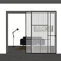Modern Glass Sliding Doors With Black Frame And Striped Design For Interior Space