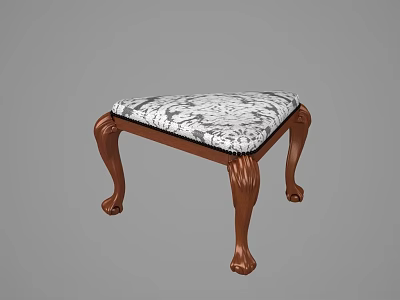 Elegant Footstool With Carved Dark Brown Wooden Legs And Black White Patterned Upholstered Seat 3d model