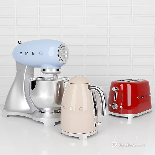 Modern Kitchen With SMEC Blue Stand Mixer Cream Kettle And Red Toaster Appliances 3d model 
