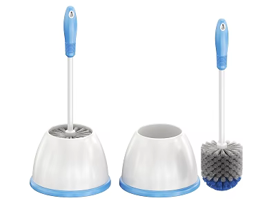 Bathroom Toilet Brush Set with White Holders Blue Rim and Gray Bristles 3d model