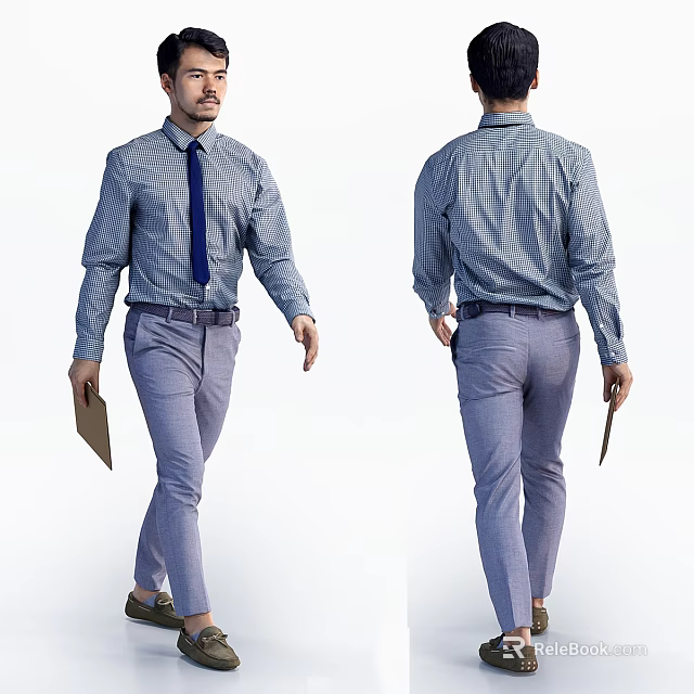 Man in Blue Shirt and Tie with Gray Pants Holding Folder Front and Back Views 3d model 