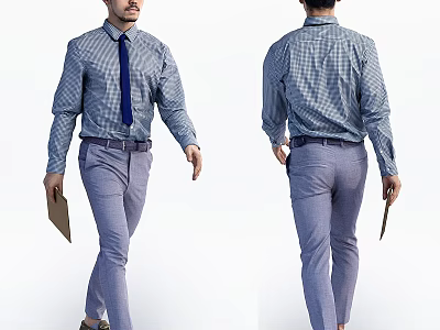 Man in Blue Shirt and Tie with Gray Pants Holding Folder Front and Back Views 3d model