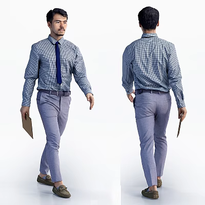 Man in Blue Shirt and Tie with Gray Pants Holding Folder Front and Back Views 3d model