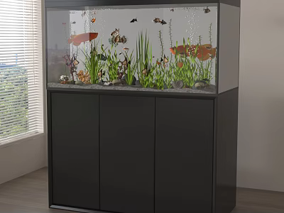 Stylish Home Aquarium Setup With Colorful Fish Aquatic Plants Decorative Stones And Black Cabinet 3d model