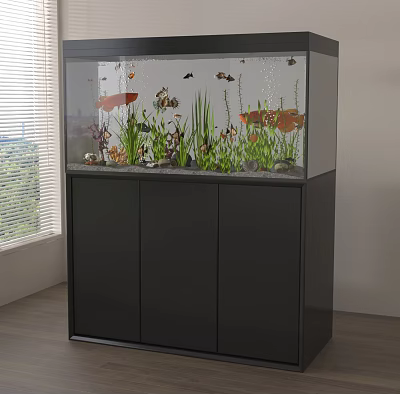 Stylish Home Aquarium Setup With Colorful Fish Aquatic Plants Decorative Stones And Black Cabinet 3d model