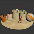 Colorful Beach Sandcastle Scene With Red Flags Orange Bucket Shovel And Beach Ball