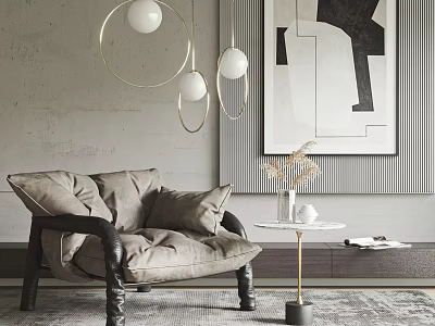 Stylish Lounge Chair With Plush Cushions Leather Armrests And Gold Pendant Lights In Modern Interior 3d model