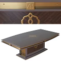 Elegant Dark Wooden Office Desk With Gold Accents And Decorative Panel Design