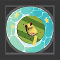 Yellow Animal With Red Ears Sitting On Green Platform Surrounded By Blue Water And Stars