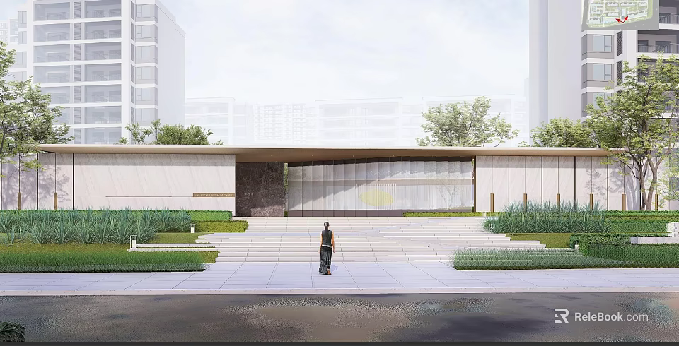 Modern Entrance Gate Design With Glass Facade Stone Elements Steps And Landscaping 3d model 