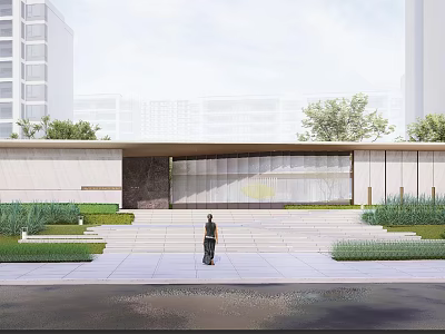 Modern Entrance Gate Design With Glass Facade Stone Elements Steps And Landscaping 3d model