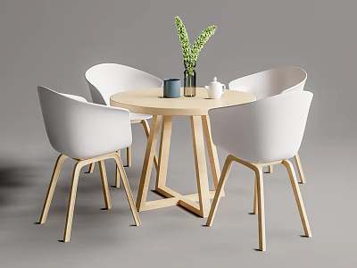 Modern Round Wooden Table With Four White Chairs Green Plant Vase Cup And Teapot 3d model