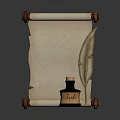 Ancient Scroll with Quill Pen and Ink Bottle on Dark Background 3d model