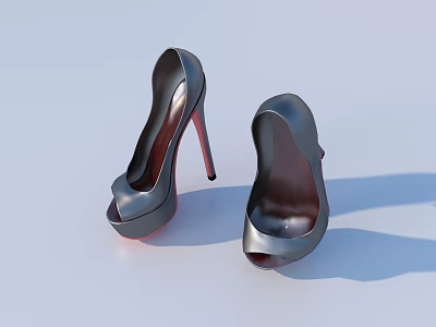 Silver High Heel Shoes With Red Heels And Metallic Finish For Women 3d model