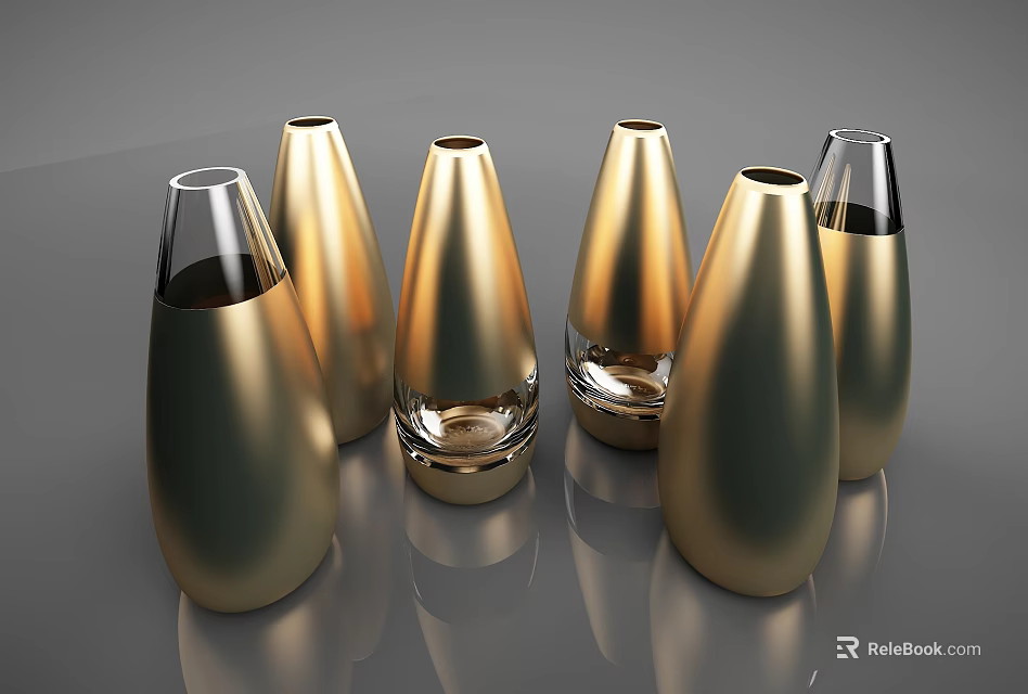 Golden And Transparent Glass Vases With Sleek Teardrop Shapes On Reflective Grey Surface 3d model 