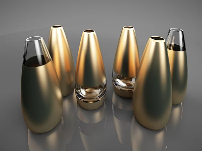 Golden And Transparent Glass Vases With Sleek Teardrop Shapes On Reflective Grey Surface 3d model