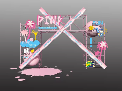 Pink Themed Decorative Installation With Crossed Frames Palm Trees Lettering And Splatters 3d model