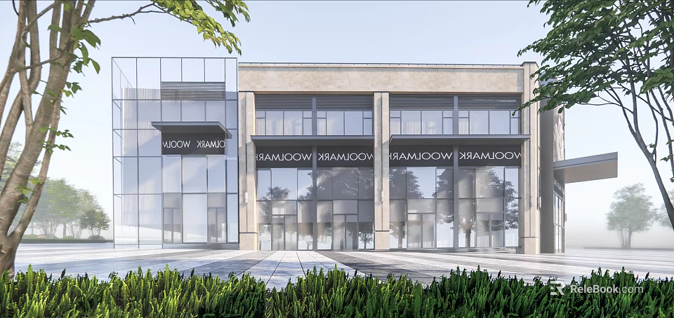 Modern Commercial Complex With Glass Facade Design KRAMDOW Branding Greenery Plaza Entrance 3d model 