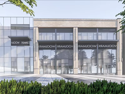 Modern Commercial Complex With Glass Facade Design KRAMDOW Branding Greenery Plaza Entrance 3d model