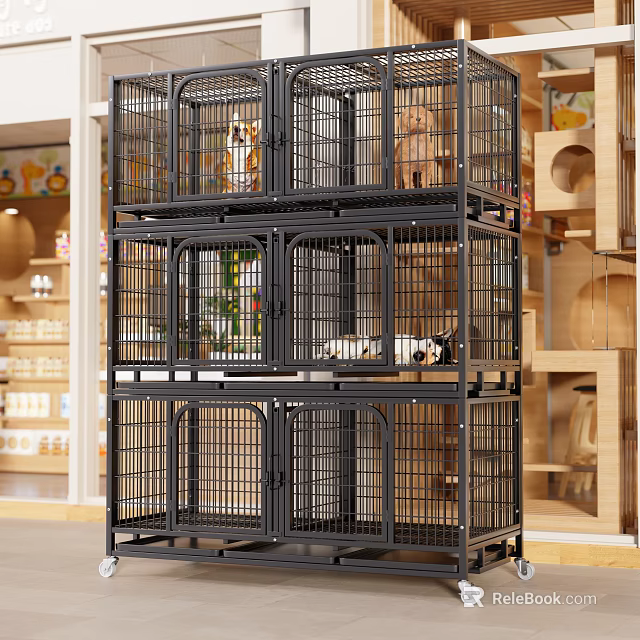 Three Tiered Black Metal Pet Cage with Pets Inside in Pet Store Display Setting 3d model 