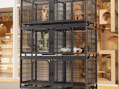 Three Tiered Black Metal Pet Cage with Pets Inside in Pet Store Display Setting 3d model