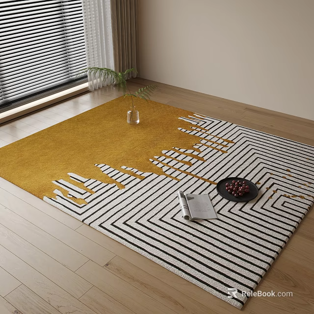 Square Rug With Geometric Gold Black White Pattern In Living Room 3d model