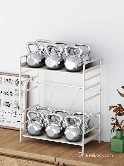 Silver Kettlebells Arranged On TwoTier Metal Storage Rack For Home Gym 3d model 
