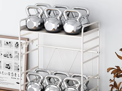 Silver Kettlebells Arranged On TwoTier Metal Storage Rack For Home Gym 3d model