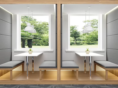 Casual Lounge Interior Design With Window Seats Small Tables And Green Garden View 3d model