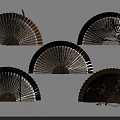 Fan Shaped Wall Decor with Gold Black Brown Bamboo Leaf Bird Patterns