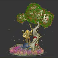 Game Film Character Standing Under Orange Leaved Tree With Green Grassy Area And Glowing Particles