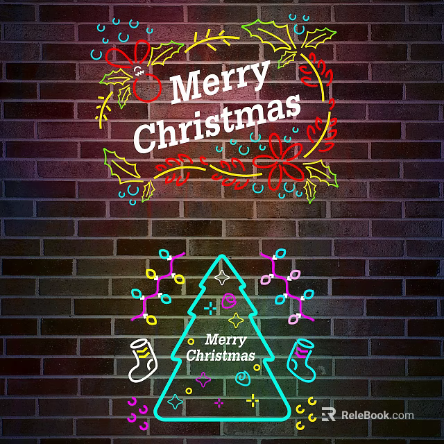 Christmas Decorative Neon Lights With Merry Christmas Sign And Tree Shape On Brick Wall 3d model 