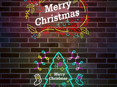 Christmas Decorative Neon Lights With Merry Christmas Sign And Tree Shape On Brick Wall 3d model
